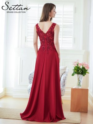 画像9: [送料無料][SETTAN]ホワイト・ワインレッド・Ｖネック・エレガント・胸元レース・ビーズ・スパンコール・Aライン・ロングドレス[即日発送][大きいサイズあり]