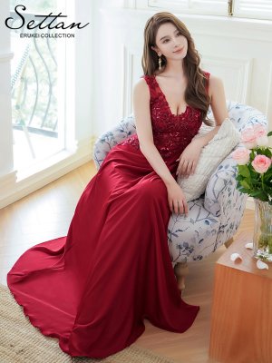 画像12: [送料無料][SETTAN]ホワイト・ワインレッド・Ｖネック・エレガント・胸元レース・ビーズ・スパンコール・Aライン・ロングドレス[即日発送][大きいサイズあり]