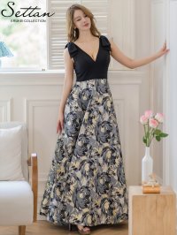 [送料無料][SETTAN]ブラック×グレー・花柄・リボン・ジャガード・切替・Vネック・ノースリーブ・Aライン・ロングドレス[即日発送][大きいサイズあり]