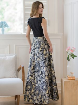 画像3: [送料無料][SETTAN]ブラック×グレー・花柄・リボン・ジャガード・切替・Vネック・ノースリーブ・Aライン・ロングドレス[即日発送][大きいサイズあり]