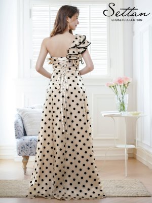 画像3: [送料無料][SETTAN]ベージュ×ブラック・ワンショルダー・ドット・フリル・カットアウト・スピンドル・Aライン・ロングドレス[即日発送][大きいサイズあり]