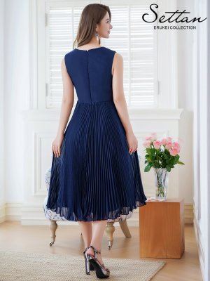 画像9: [送料無料][SETTAN]ホワイト・ネイビー・シンプル・無地・細プリーツ・Vネック・ノースリーブ・Aライン・ミディアムドレス・ワンピース[即日発送][大きいサイズあり]