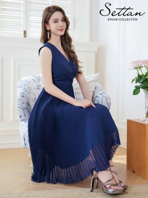 画像12: [送料無料][SETTAN]ホワイト・ネイビー・シンプル・無地・細プリーツ・Vネック・ノースリーブ・Aライン・ミディアムドレス・ワンピース[即日発送][大きいサイズあり]