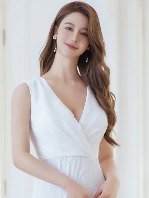 画像4: [送料無料][SETTAN]ホワイト・ネイビー・シンプル・無地・細プリーツ・Vネック・ノースリーブ・Aライン・ミディアムドレス・ワンピース[即日発送][大きいサイズあり]