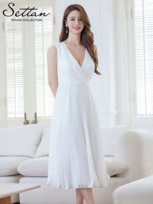 画像6: [送料無料][SETTAN]ホワイト・ネイビー・シンプル・無地・細プリーツ・Vネック・ノースリーブ・Aライン・ミディアムドレス・ワンピース[即日発送][大きいサイズあり]