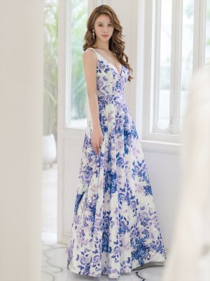 画像3: [送料無料][SETTAN]パープル・レッド・フラワープリント・Vネック・ノースリーブ・Aライン・ロングドレス[即日発送][大きいサイズあり]