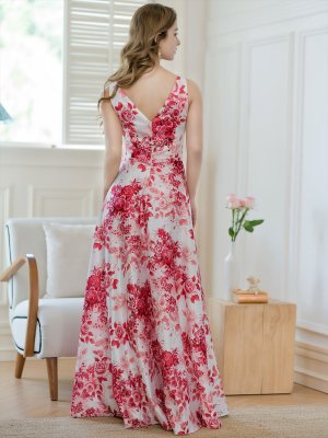 画像9: [送料無料][SETTAN]パープル・レッド・フラワープリント・Vネック・ノースリーブ・Aライン・ロングドレス[即日発送][大きいサイズあり]