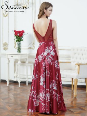画像9: [送料無料][SETTAN]ブラック×ホワイト・ワインレッド×ホワイト・薔薇・花柄・プリント・サテン・セクシー・シースルー・ノースリーブ・Aライン・ロングドレス[即日発送][大きいサイズあり]