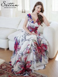 [送料無料][SETTAN]ホワイト・ネイビー・シフォン・花柄・フラワープリント・Aライン・Vネック・ノースリーブ・ロングドレス[即日発送][大きいサイズあり]
