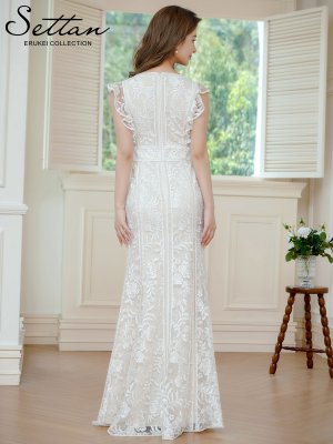 画像3: [送料無料][SETTAN]ホワイト・ブラック・Vネック・フリルスリーブ・総レース・ハイウエスト・タイト・マーメイド・ロングドレス[即日発送][大きいサイズあり]