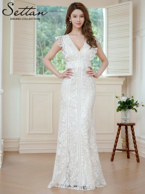 画像5: [送料無料][SETTAN]ホワイト・ブラック・Vネック・フリルスリーブ・総レース・ハイウエスト・タイト・マーメイド・ロングドレス[即日発送][大きいサイズあり]