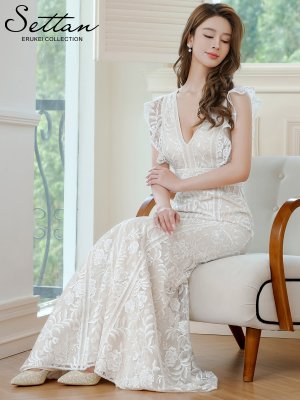 画像6: [送料無料][SETTAN]ホワイト・ブラック・Vネック・フリルスリーブ・総レース・ハイウエスト・タイト・マーメイド・ロングドレス[即日発送][大きいサイズあり]