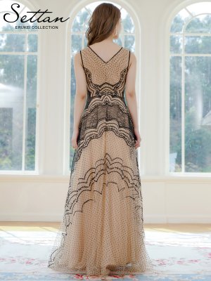 画像3: [送料無料][SETTAN]ベージュ×ブラック・ノースリーブ・Vネック・タック・チュールレース・ドット・ハイウエスト・Aライン・ロングドレス[即日発送][大きいサイズあり]