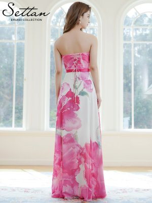 画像3: [送料無料][SETTAN]ホワイト×ピンク・ホワイト×オレンジ・ベアトップ・スピンドル・シフォン・花柄・プリント・Aライン・ロングドレス[即日発送][大きいサイズあり]