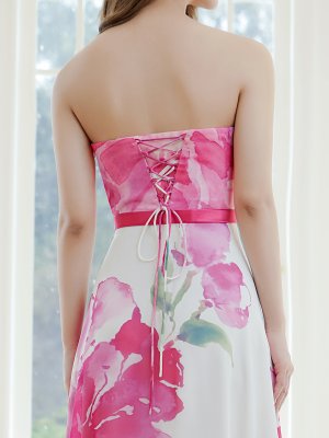 画像6: [送料無料][SETTAN]ホワイト×ピンク・ホワイト×オレンジ・ベアトップ・スピンドル・シフォン・花柄・プリント・Aライン・ロングドレス[即日発送][大きいサイズあり]