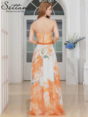 画像9: [送料無料][SETTAN]ホワイト×ピンク・ホワイト×オレンジ・ベアトップ・スピンドル・シフォン・花柄・プリント・Aライン・ロングドレス[即日発送][大きいサイズあり]