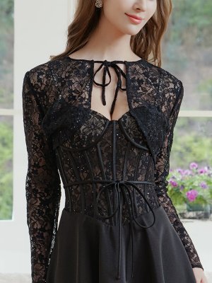 画像4: [送料無料][SETTAN]ブラック・ホワイト・2way・コルセット風・ボレロ・キャミソール・レース・ラインストーン・スパンコール・Aライン・ミニドレス・ワンピース[大きいサイズあり]