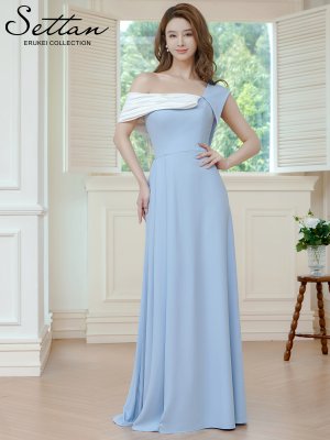 画像5: [送料無料][SETTAN]ブルー×ホワイト・バイカラー・ワンショルダー・変形襟・アシンメトリー・プリーツ・Aライン・ロングドレス[即日発送][大きいサイズあり]