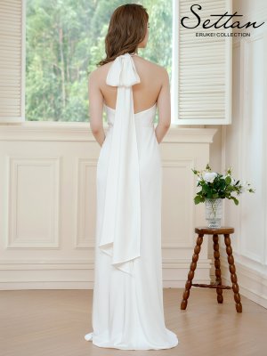 画像3: [送料無料][SETTAN]ホワイト・ホルターネック・サテン・パール・ギャザー・セクシー・ストレートライン・ロングドレス[即日発送][大きいサイズあり]