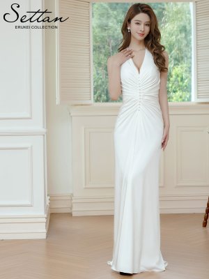 画像5: [送料無料][SETTAN]ホワイト・ホルターネック・サテン・パール・ギャザー・セクシー・ストレートライン・ロングドレス[即日発送][大きいサイズあり]