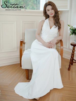 画像6: [送料無料][SETTAN]ホワイト・ホルターネック・サテン・パール・ギャザー・セクシー・ストレートライン・ロングドレス[即日発送][大きいサイズあり]