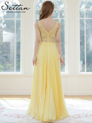 画像3: [送料無料][SETTAN]イエロー・ノースリーブ・ラメ・ラインストーン・プリーツ・刺?・レース・シアー・エレガント・Aライン・ロングドレス[即日発送][大きいサイズあり]