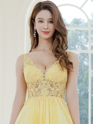 画像4: [送料無料][SETTAN]イエロー・ノースリーブ・ラメ・ラインストーン・プリーツ・刺?・レース・シアー・エレガント・Aライン・ロングドレス[即日発送][大きいサイズあり]