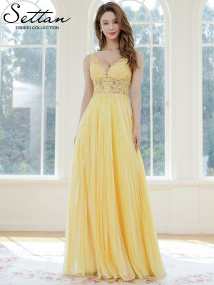 画像5: [送料無料][SETTAN]イエロー・ノースリーブ・ラメ・ラインストーン・プリーツ・刺?・レース・シアー・エレガント・Aライン・ロングドレス[即日発送][大きいサイズあり]