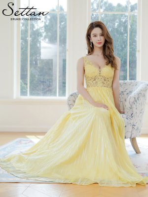 画像6: [送料無料][SETTAN]イエロー・ノースリーブ・ラメ・ラインストーン・プリーツ・刺?・レース・シアー・エレガント・Aライン・ロングドレス[即日発送][大きいサイズあり]
