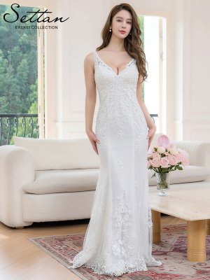 画像5: [送料無料][SETTAN]ホワイト・ノースリーブ・Vネック・パール・ビーズ・スパンコール・刺繍・チュールレース・タイト・マーメイド・ロングドレス[即日発送][大きいサイズあり]