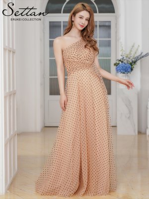 画像2: [SALE品のため返品不可][SETTAN]ベージュ×ブラック・ワンショルダー・ハートドット・チュールレース・ハイウエスト・Aライン・ロングドレス[即日発送][大きいサイズあり]