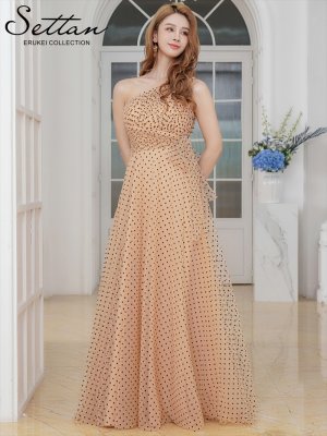 画像5: [SALE品のため返品不可][SETTAN]ベージュ×ブラック・ワンショルダー・ハートドット・チュールレース・ハイウエスト・Aライン・ロングドレス[即日発送][大きいサイズあり]