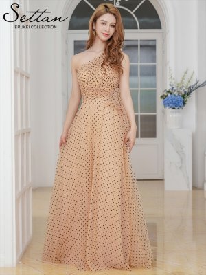 画像6: [SALE品のため返品不可][SETTAN]ベージュ×ブラック・ワンショルダー・ハートドット・チュールレース・ハイウエスト・Aライン・ロングドレス[即日発送][大きいサイズあり]