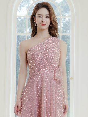 画像4: [送料無料][SETTAN]ピンク×ホワイト・ブラック×ホワイト・ワンショルダー・ハートドット・チュールレース・ハイウエスト・Aライン・ロングドレス[即日発送][大きいサイズあり]