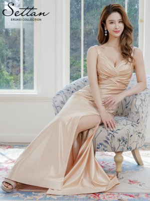 画像6: [送料無料][SETTAN]ベージュ・ブルー・ノースリーブ・キャミソール・シンプル・セクシー・キャザー・サテン・スリット・Aライン・ロングドレス[即日発送][大きいサイズあり]