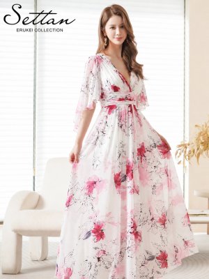画像2: [送料無料][SETTAN]ホワイト×ピンク・袖付き・ハーフスリーブ・カシュクール・花柄・プリント・シアー・Aライン・ロングドレス[即日発送][大きいサイズあり]