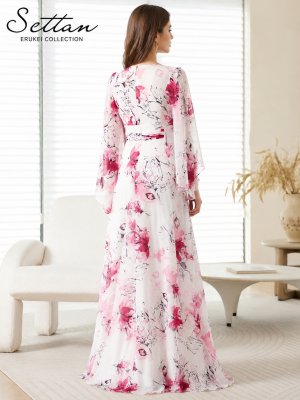 画像3: [送料無料][SETTAN]ホワイト×ピンク・袖付き・ハーフスリーブ・カシュクール・花柄・プリント・シアー・Aライン・ロングドレス[即日発送][大きいサイズあり]