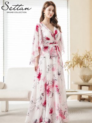 画像5: [送料無料][SETTAN]ホワイト×ピンク・袖付き・ハーフスリーブ・カシュクール・花柄・プリント・シアー・Aライン・ロングドレス[即日発送][大きいサイズあり]