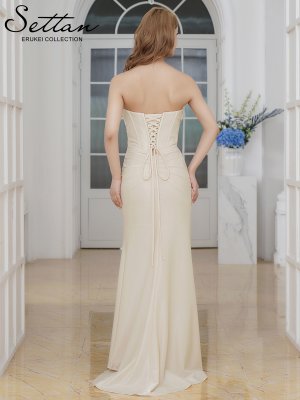 画像3: [送料無料][SETTAN]ベージュ・ブルー・シャイニーサテン・アシンメトリー・ベア・タック・スピンドル・スリット・ストレッチ・タイト・マーメイド・ロングドレス[即日発送][大きいサイズあり]