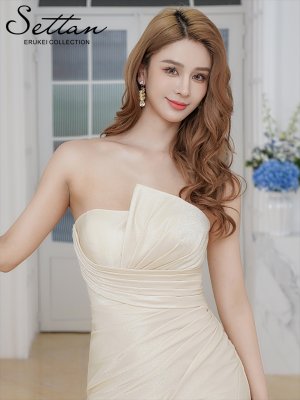 画像4: [送料無料][SETTAN]ベージュ・ブルー・シャイニーサテン・アシンメトリー・ベア・タック・スピンドル・スリット・ストレッチ・タイト・マーメイド・ロングドレス[即日発送][大きいサイズあり]