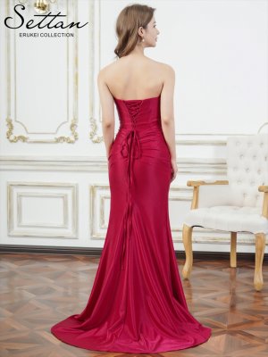画像3: [送料無料][SETTAN]レッド・ベージュ・ブルー・シャイニーサテン・アシンメトリー・ベア・タック・スピンドル・スリット・ストレッチ・タイト・マーメイド・ロングドレス[即日発送][大きいサイズあり]