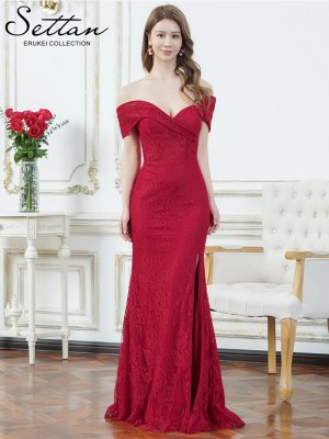 画像5: [送料無料][SETTAN]レッド・ホワイト・総レース・シアー・オフショルダー・コルセット風・スリット・タイト・マーメイド・ロングドレス[即日発送][大きいサイズあり]