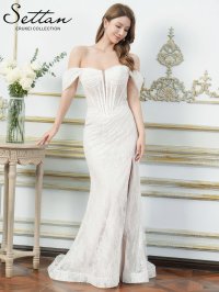 [送料無料][SETTAN]ホワイト・レッド・総レース・オフショルダー・コルセット風・スピンドル・シアー・ギャザー・スリット・タイト・マーメイド・ロングドレス[即日発送][大きいサイズあり]