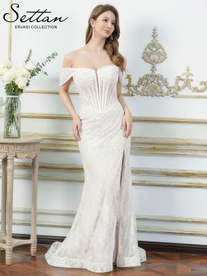 画像2: [送料無料][SETTAN]ホワイト・レッド・総レース・オフショルダー・コルセット風・スピンドル・シアー・ギャザー・スリット・タイト・マーメイド・ロングドレス[即日発送][大きいサイズあり]