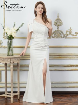 画像7: [送料無料][SETTAN]ワインレッド・ホワイト・ワンカラー・サテン・レース・スパンコール・ワンショルダー・肩リボン・ギャザー・スリット・タイト・マーメイド・ロングドレス[即日発送][大きいサイズあり]