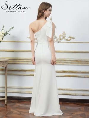 画像9: [送料無料][SETTAN]ワインレッド・ホワイト・ワンカラー・サテン・レース・スパンコール・ワンショルダー・肩リボン・ギャザー・スリット・タイト・マーメイド・ロングドレス[即日発送][大きいサイズあり]