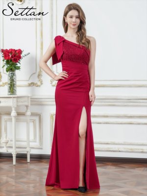 画像1: [送料無料][SETTAN]ワインレッド・ホワイト・ワンカラー・サテン・レース・スパンコール・ワンショルダー・肩リボン・ギャザー・スリット・タイト・マーメイド・ロングドレス[即日発送][大きいサイズあり]