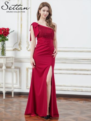 画像2: [送料無料][SETTAN]ワインレッド・ホワイト・ワンカラー・サテン・レース・スパンコール・ワンショルダー・肩リボン・ギャザー・スリット・タイト・マーメイド・ロングドレス[即日発送][大きいサイズあり]