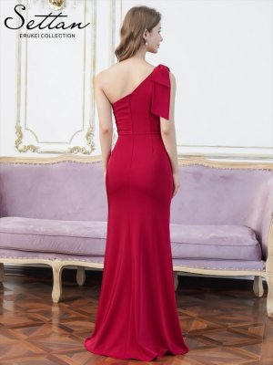 画像3: [送料無料][SETTAN]ワインレッド・ホワイト・ワンカラー・サテン・レース・スパンコール・ワンショルダー・肩リボン・ギャザー・スリット・タイト・マーメイド・ロングドレス[即日発送][大きいサイズあり]