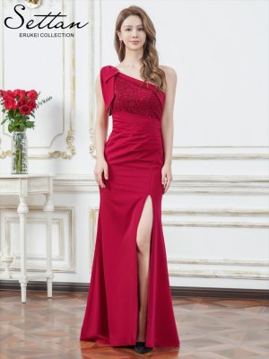 画像5: [送料無料][SETTAN]ワインレッド・ホワイト・ワンカラー・サテン・レース・スパンコール・ワンショルダー・肩リボン・ギャザー・スリット・タイト・マーメイド・ロングドレス[即日発送][大きいサイズあり]